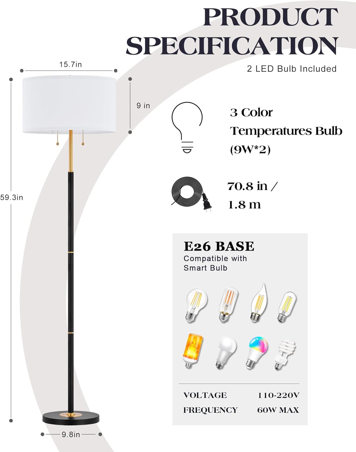 ELYONA 2-Light Floor Lamp Modern Reading Standing Light White Fabric Shade Vintage Tall Pole Corner Lamp for Bedroom Living Room Office 3 Color Temperatures LED Bulbs Include, Black & Brushed Gold