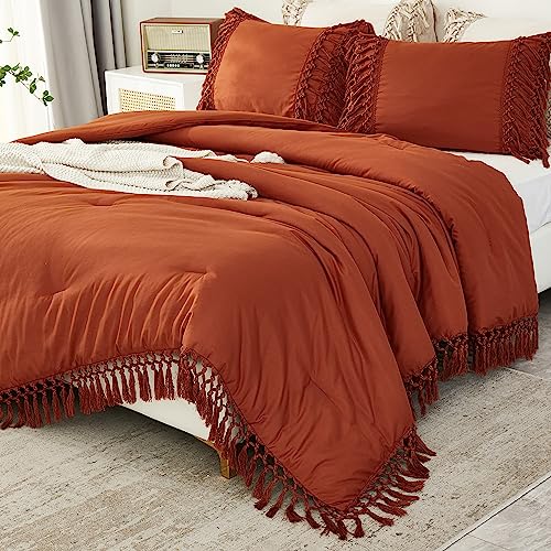 Image of Andency Burnt Orange Comforter Set California King, 3 Pieces Boho Cal King Tassel Lightweight Soft Bedding Comforter Sets, Oversized Bed Set (104x96In Comforter & 2 Pillowcases)