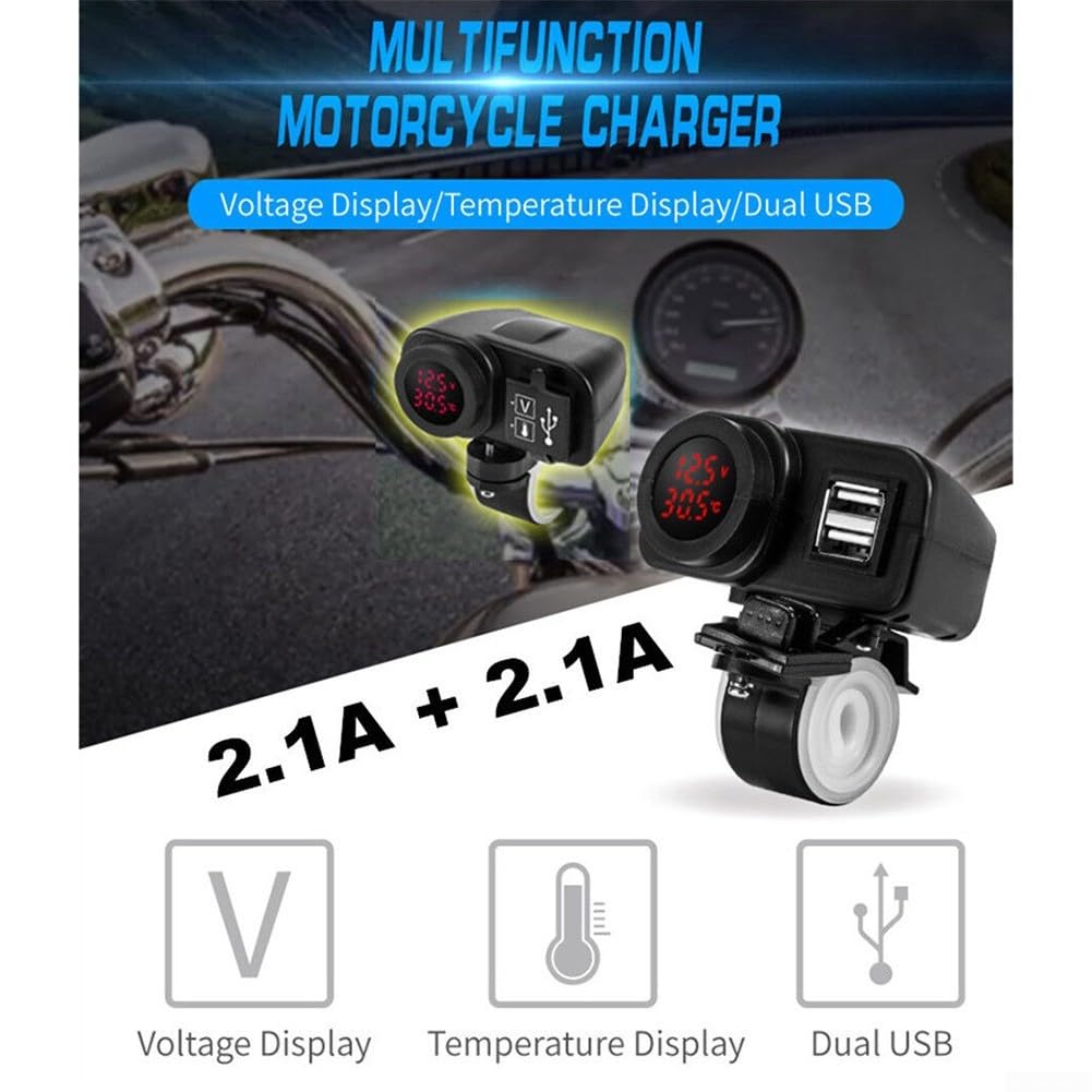 Chargeur USB double étanche avec voltmètre intégré et thermomètre pour moto