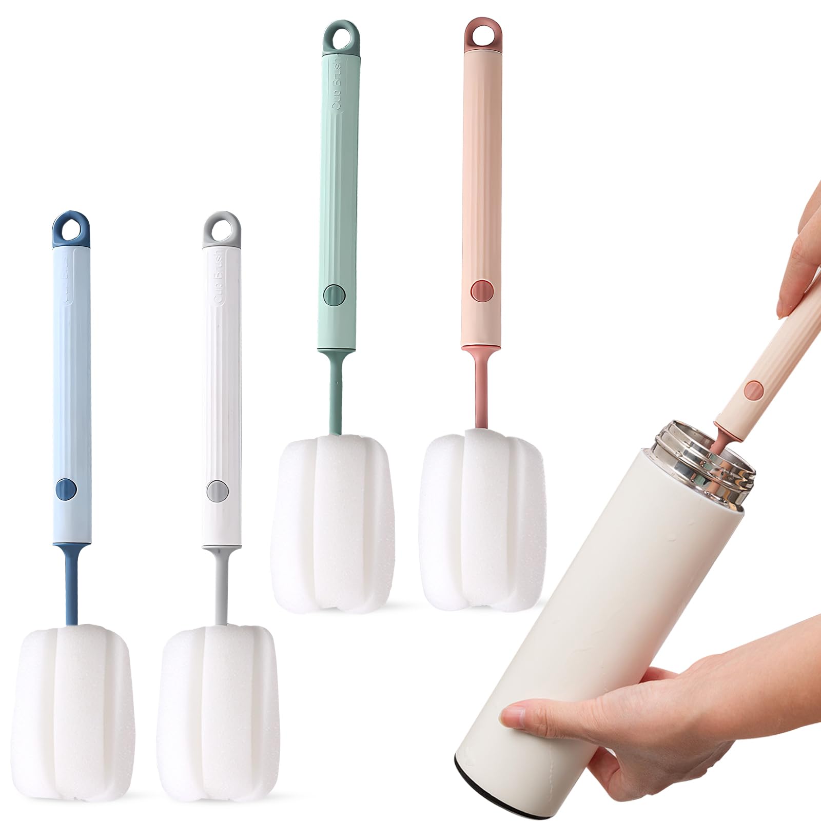 Pack of 4 Bottle Brush Sponge, 27 cm Long Handle Cleaning Brush, Bottle Cleaner, Brush, Soft Sponge Glass Brush for Baby Bottles, Cups, Kettles, Wine Glasses