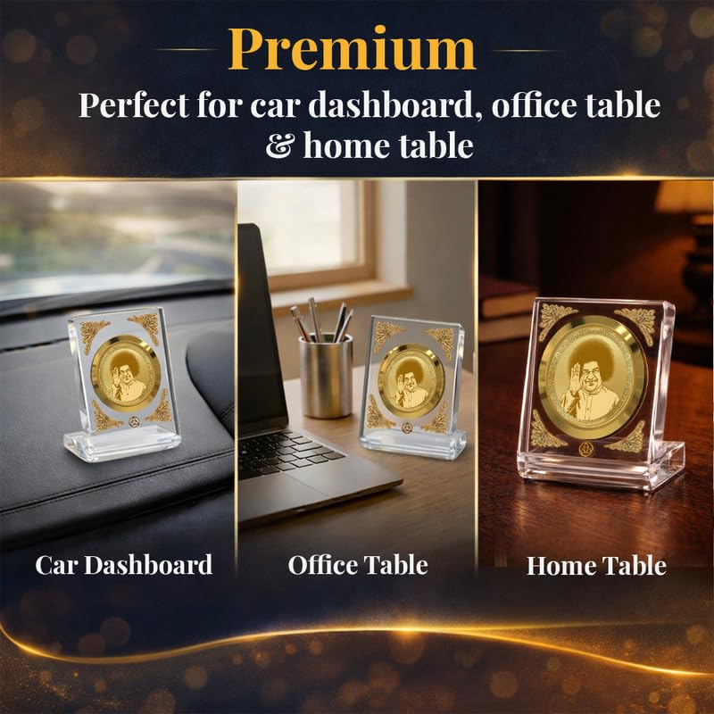 Image of DIVINITI 24K Gold Plated Satya Sai Baba Acrylic Frame for Car Dashboard, Home Temple & Office Table | Premium Spiritual Gift, Blessings for Protection & Positivity, 8x7 cm Decorative Showpiece