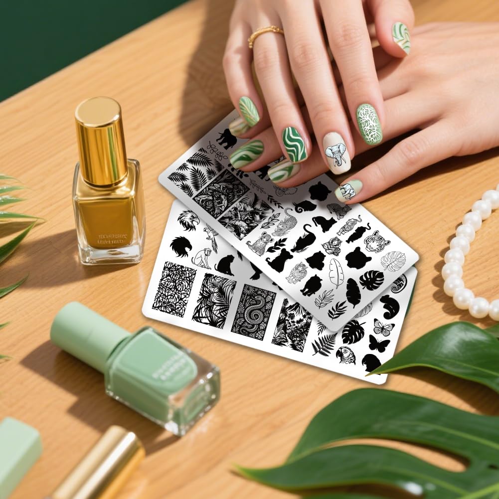 PH PandaHall 3 pezzi per unghie con animali selvatici, per nail art, template di tigre, elefanti, nail art, farfalle, serpenti, piastre per unghie per donne, fai da te, manicure e saloni