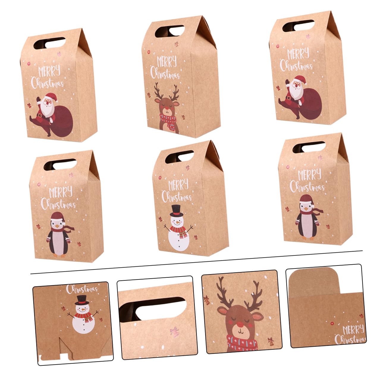 TOPPERFUN Bolsas de Papel Kraft para Navidad 24 Piezas 4 Diseños Muñeco de Nieve Papá Noel Pingüino Alce para Galletas y Dulces Reutilizables y Plegables Adecuado para Embalaje