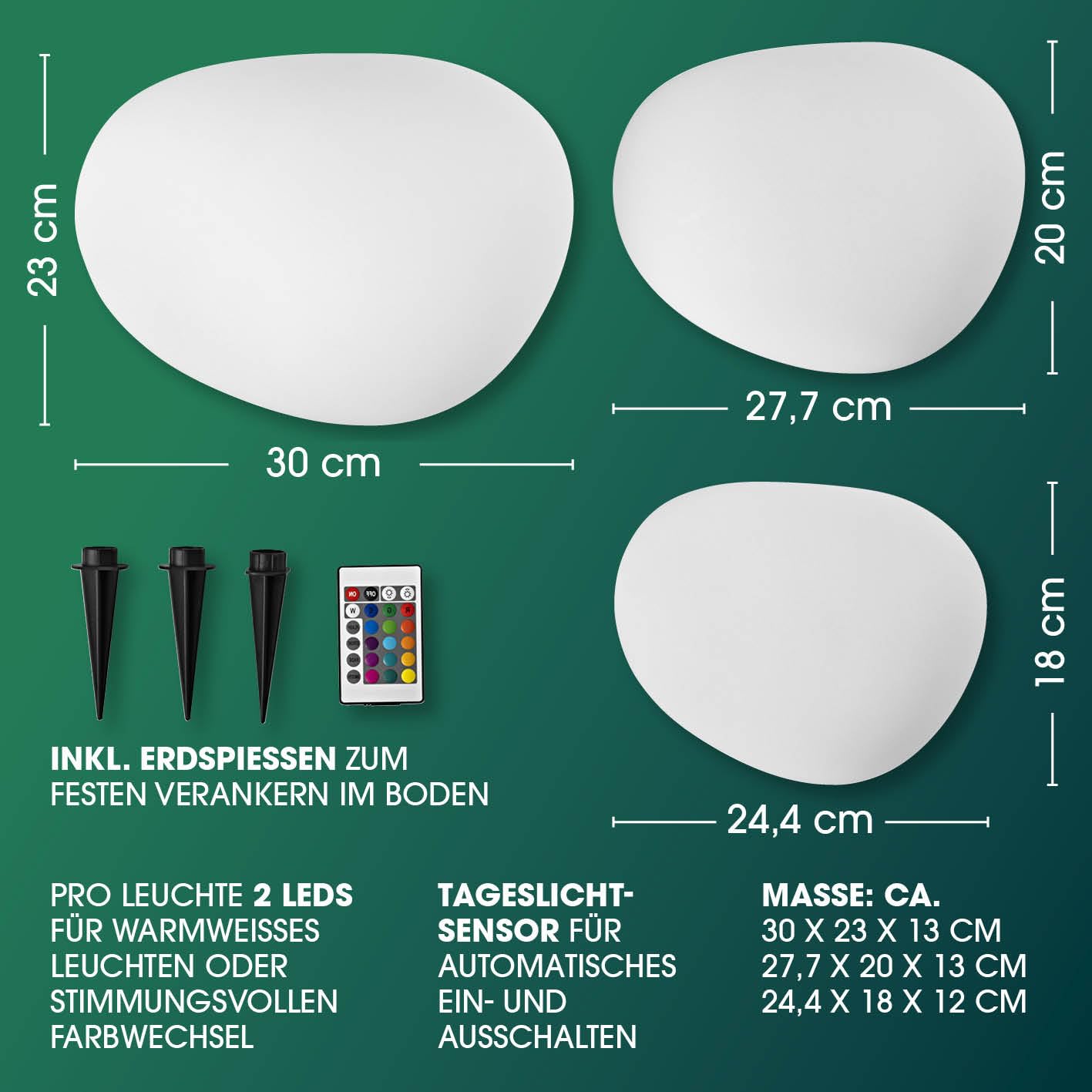 EASYmaxx LED Solarleuchte mit Fernbedienung | 3 kaltweiße Leuchten - Steine mit Solarbetrieb & Farbwechsel | dimmbare Helligkeitsstufen, 12 Farben & 5 Leuchtmodi | inklusive Erdspieß & Dämmungssensor