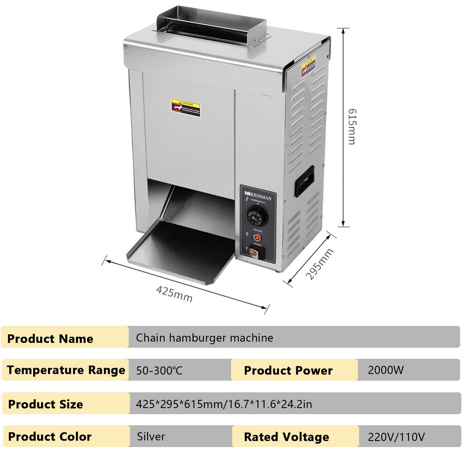 Maszyna do hamburgerów, 2000 W, 220 V, opiekacz łańcuchowy, regulacja temperatury (50-300°C) za pomocą pokrętła/import dwurzędowy/regulacja grubości/taca ze stali nierdzewnej