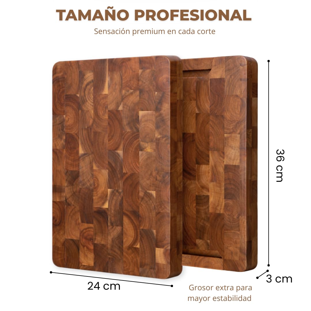Tabla de Cortar de Madera de Acacia Profesional 36x24x3 cm | Antibacteriana y Resistente | Tabla de Cocina Premium con Asas Laterales | Incluye Delantal Profesional Negro