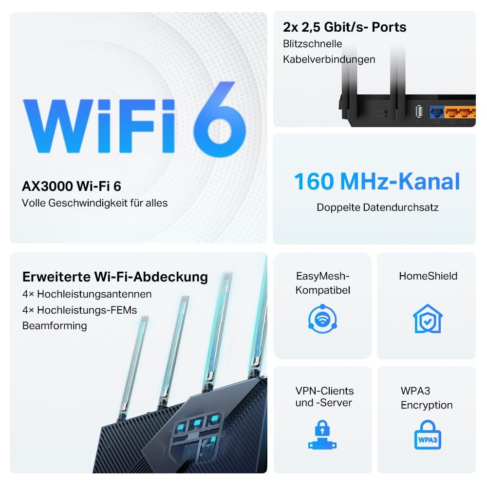 TP-Link Archer AX55 Pro Wi-Fi 6 WLAN Router Dualband AX3000, 1 × 2,5 Gbit/s-Port + 4 × Gigabit-Port, USB 3.0, VPN, WPA3, OneMesh, Kindersicherung, HomeShield, Keine Unterstützung für DSL-Funktion