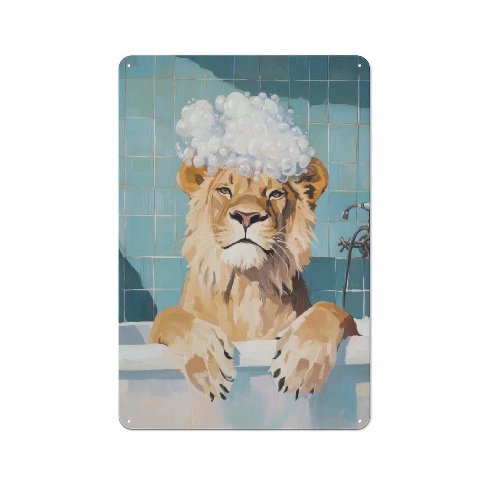 Junmoney Style-6 Metal Wall Sign 30X20cm Featuring Lion In A Bath For Living Room Wall, For Metal Sign Collectors, For Garage And Workshop Walls