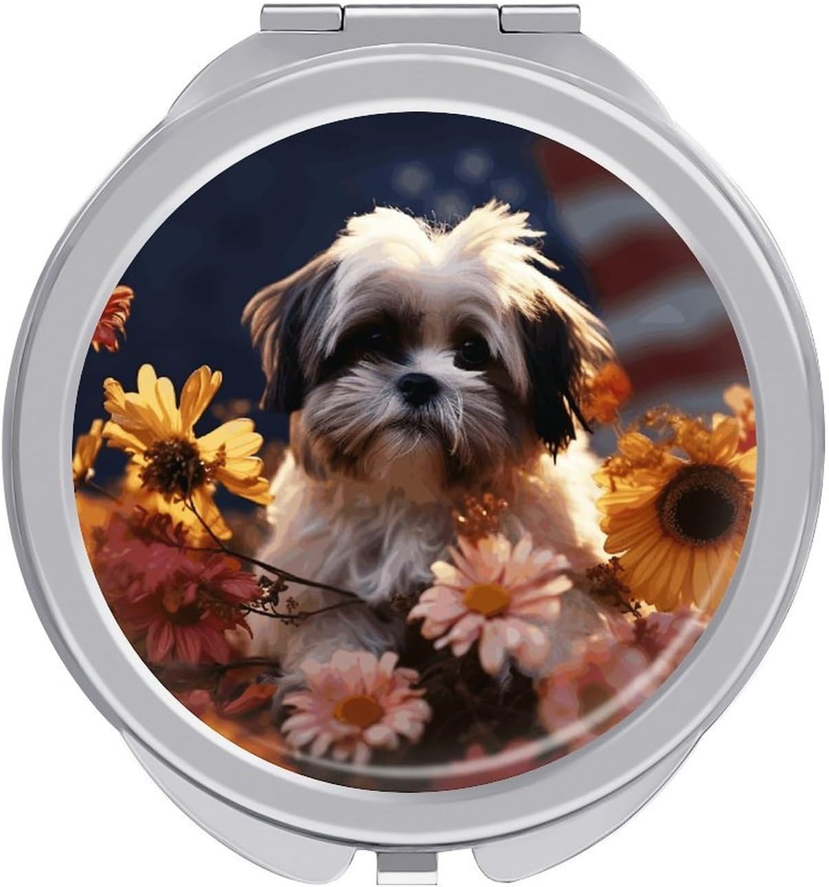 Shih Tzu Dog and Flowers Makeup Mirror Lightweight Compact Mirror Portable Folding Travel Mirror 2-Sided Round Handheld Beauty Mirrors Mini Pocket Mirrors for Gift