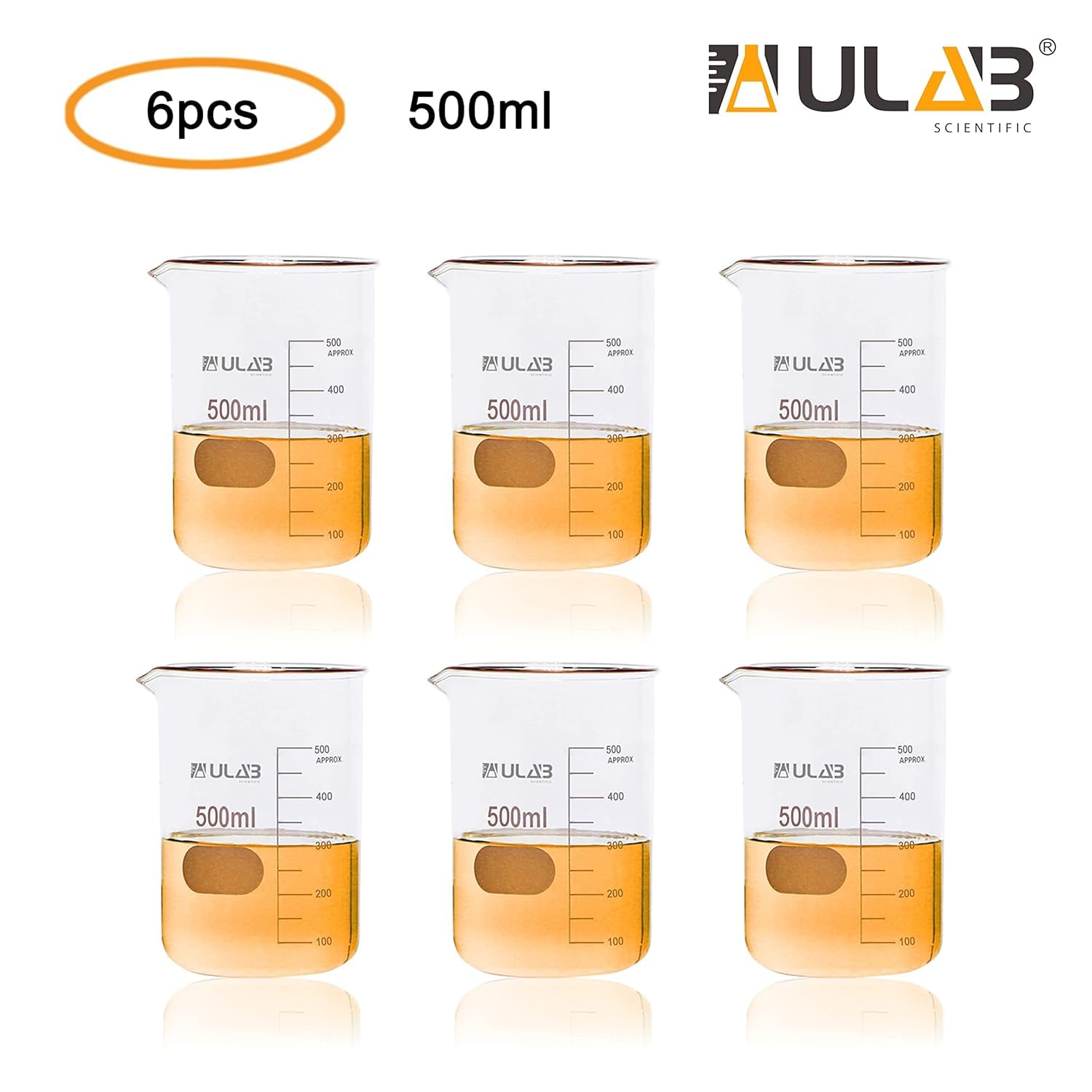 ULAB Scientific Glass Beakers, Vol. 500ml, 3.3 Borosilicate Griffin Low Form with Printed Graduation, Pack of 6, UBG1038