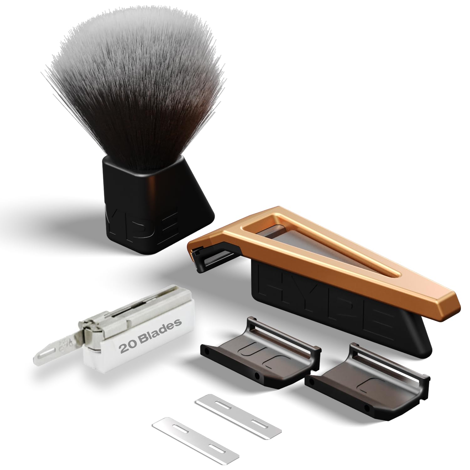 HYPE X1 Single Edge Aluminum Safety Razor Full Set - Ergonomic V-Shaped Design with 3 Customizeble Shave Settings, 20 Non-Proprietary Blades, Shaving Brush & Stand - Orange