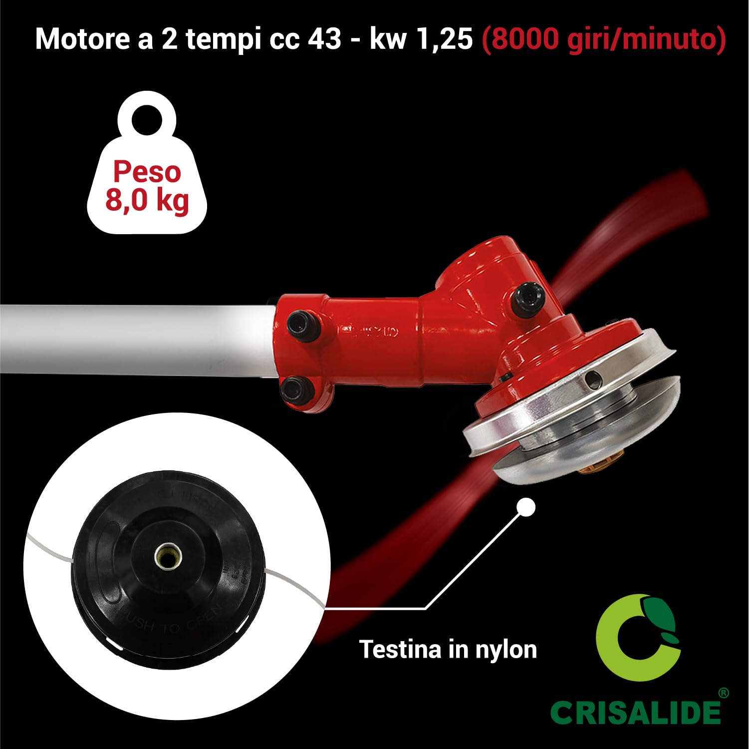 Crisalide Desbrozadora de explosión de 43 cc, motor de 2 tiempos, potencia 1,25 kW (8000 rpm) – Cuchilla de 3 dientes + cabezal de nailon + arnés – Cortacésped profesional para jardín y huerto