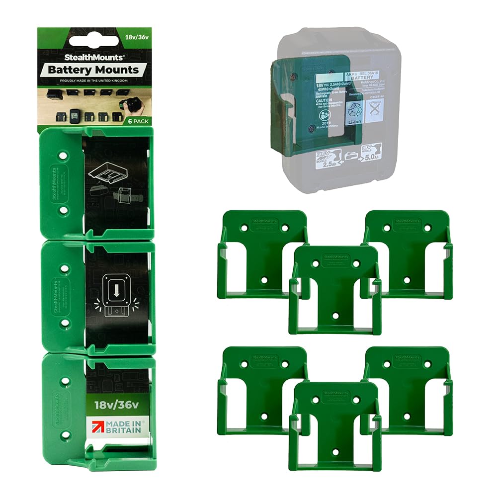 StealthMounts Green Battery Mounts for Metabo HPT 18v/36v | Cordless Battery Holders for Power Tools | 6 Pack | Metabo HPT Battery Organisers