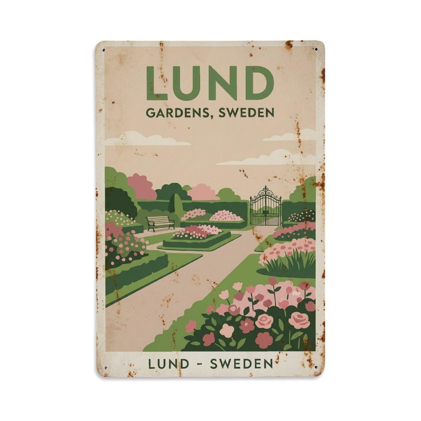 Vintage Travel Lund Sweden Gardens Metal Tin Sign