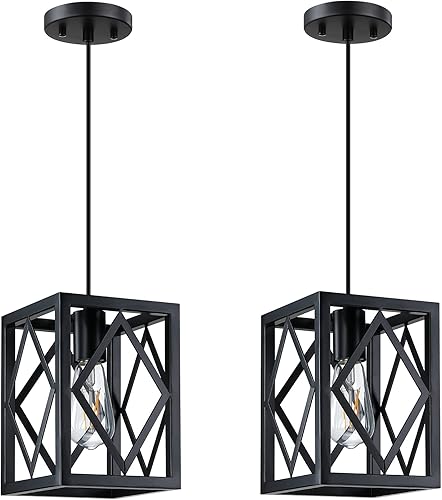 Miniatura 9 de Paquete de 2 lámparas rústicas de 6.5 pulgadas de metal con rombos para farol colgante de isla de cocina, acabado negro para mesa, vestíbulo, sobre