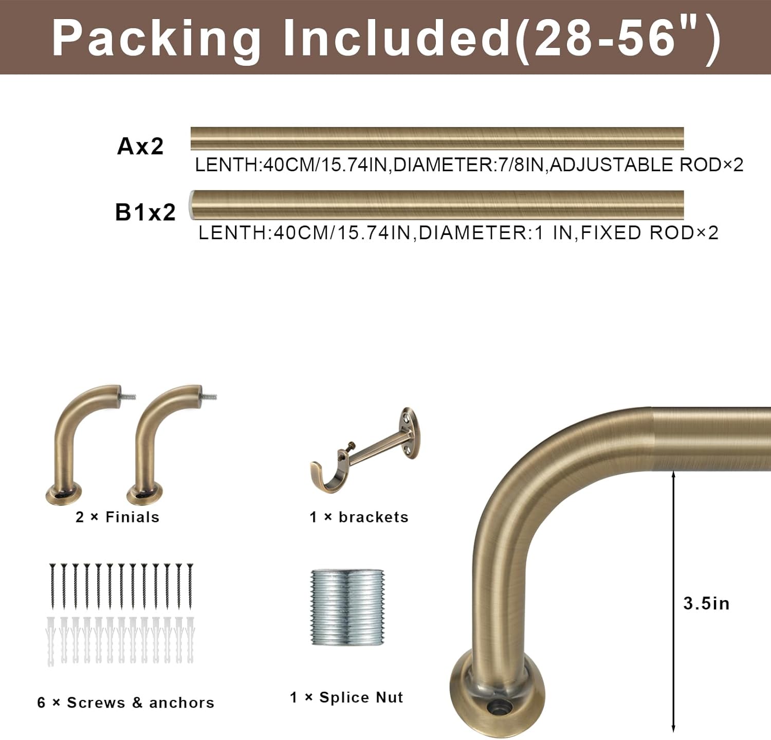 2 Pack 1Inch Diameter Wrap Around Curtain Rods for windows 28-56 inch(2.3-4.6Ft), Splicing Adjustable Room Darking Drapery Rod with Aluminum Finials and Brackets,Antique Bronze