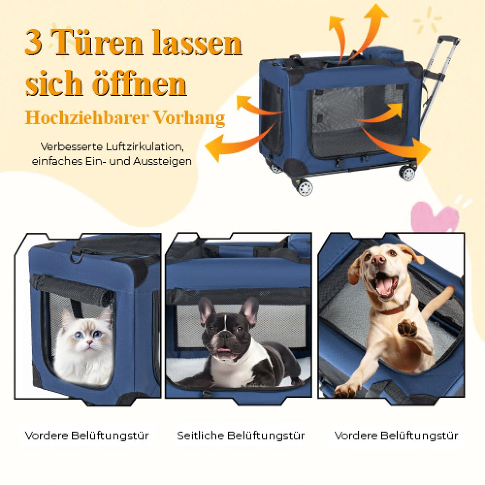 Dunkelblaue Tiertransportbox, 2-in-1 Faltbare Hundetransporttasche mit Rollen, Belüftete Haustierbox für Reisen und Zuhause