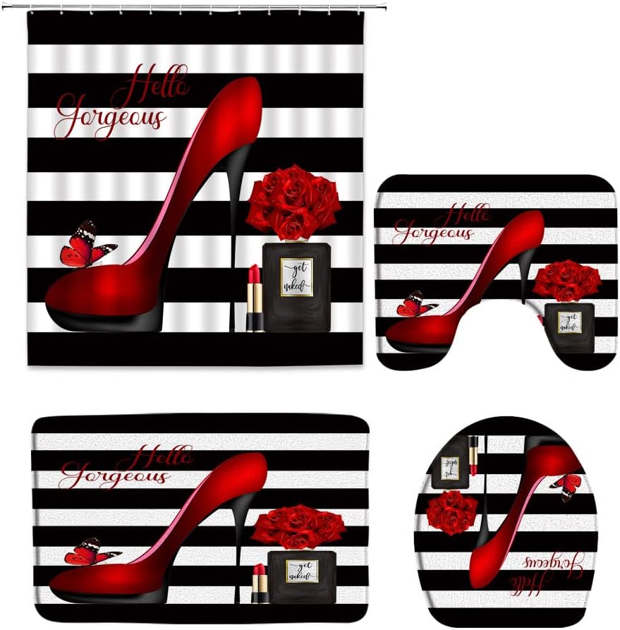 4Pcs Black White Geometric Shower Curtain Set Red High Heel Perfume Bottle Lipstick Bathroom Decor Toilet Lid Cover and Non-Slip Rugs with 12 Hooks