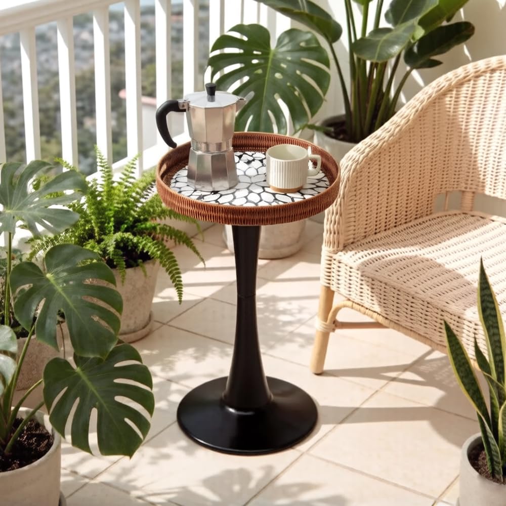 Ansley&HosHo 38cm Round Outdoor Garden Table with Trumpet Leg, Small Outdoor Side Table for Balcony Terrace, Accent Patio Table with Mandala Pattern, Shell Basket