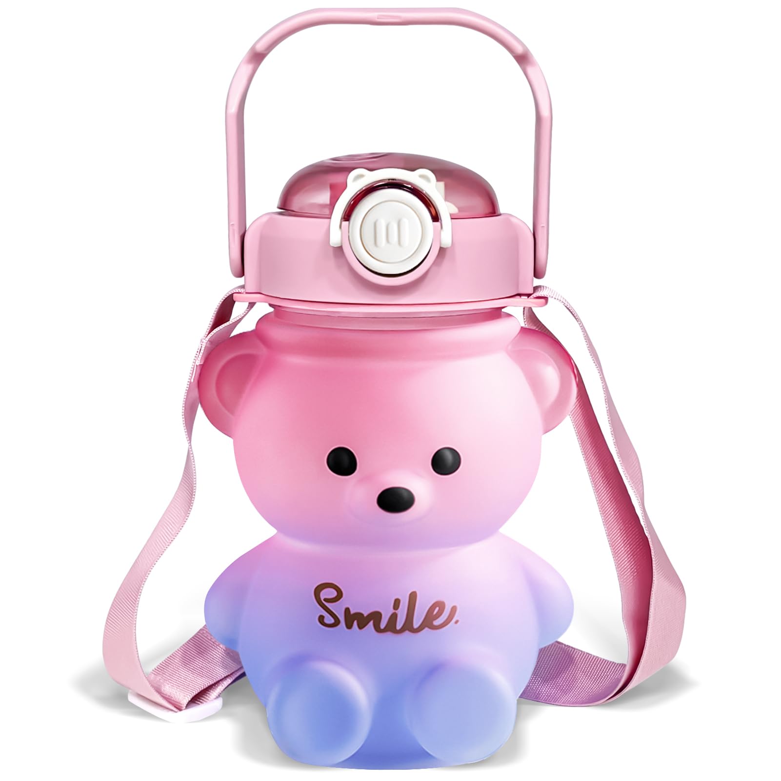 Bear Water Bottle, 32oz Cute Kawaii Teddy Bear Water Bottle with Straw & Adjustable Strap, Leak-Proof, Light Weight, BPA-Free, Durable & Safe Plastic Drinking Cup for Kids & Girls (Pink)