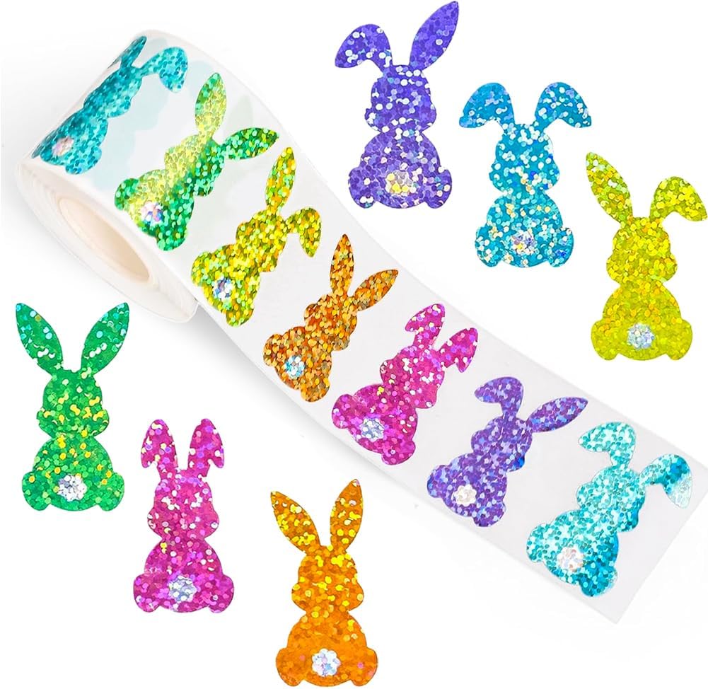 500Pcs Easter Bunny Stickers Roll - Laser Bunny Shape Self-Adhesive Sealing Stickers, 6 Colors 1.5inch Waterproof Decals for Easter Spring Party Envelope Scrapbook Decor