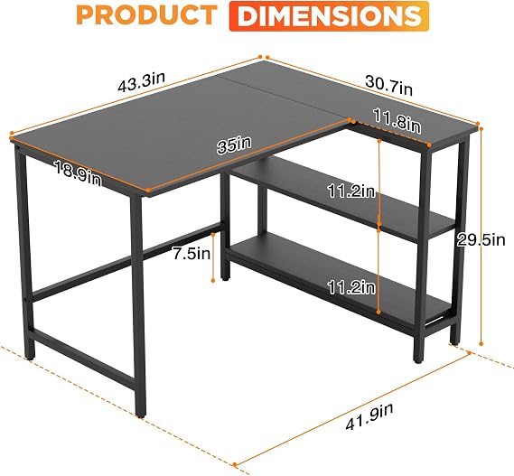 PayLessHere 43 Inch L-Shaped Computer Desk,Gaming Desk with Durable Metal Frame,Corner Desk with Reversible Storage Shelves for Home Office Gaming Study,Black (43 inch)