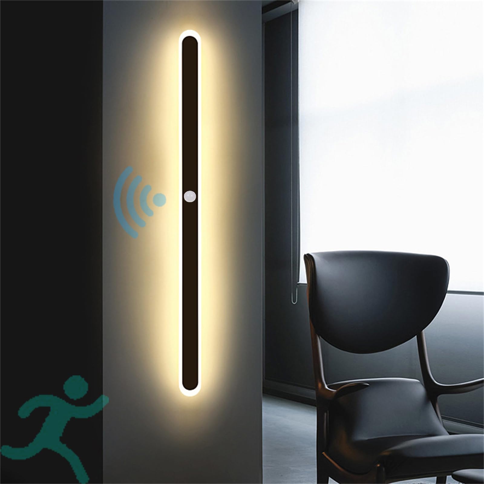Modern LED Wall Sconce with Motion Sensor Interior Acrylic Black Wall Lamp Indoor Minimalist Long Wall Light Inside Lighting Fixtures for Living Room Bathroom Front Door Bedroom (Warm Light,180CM)