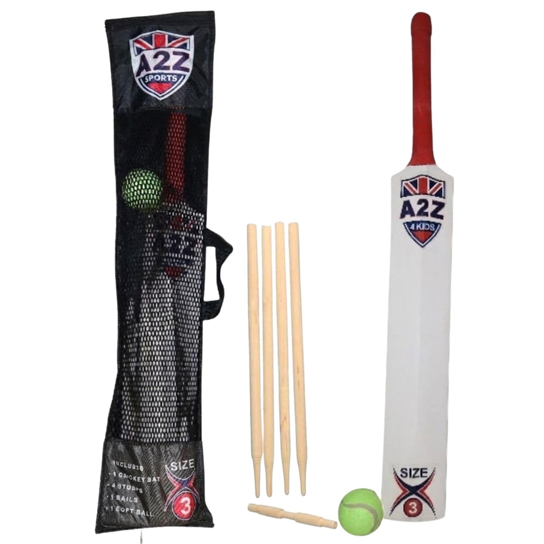 A2Z 4 Kids Cricket Set Rubber Grip Wooden Bat / 4 Stumps / Bails and Soft Ball - Cricket Set 3 Size