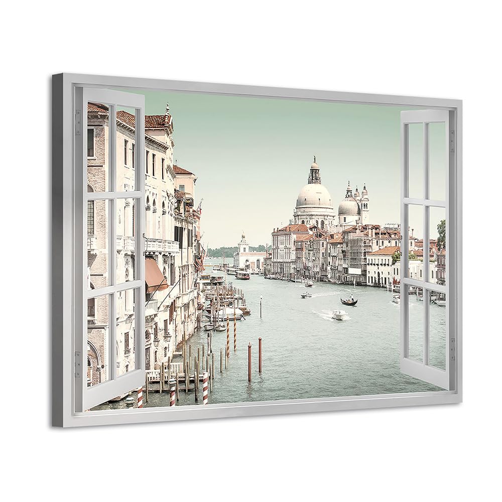 ARTISTIC PATHVenice Water City Canvas Wall Art: Italy Cityscape Picture Fake Window Port Town Prints Artwork for Living Room Bedroom Bathroom
