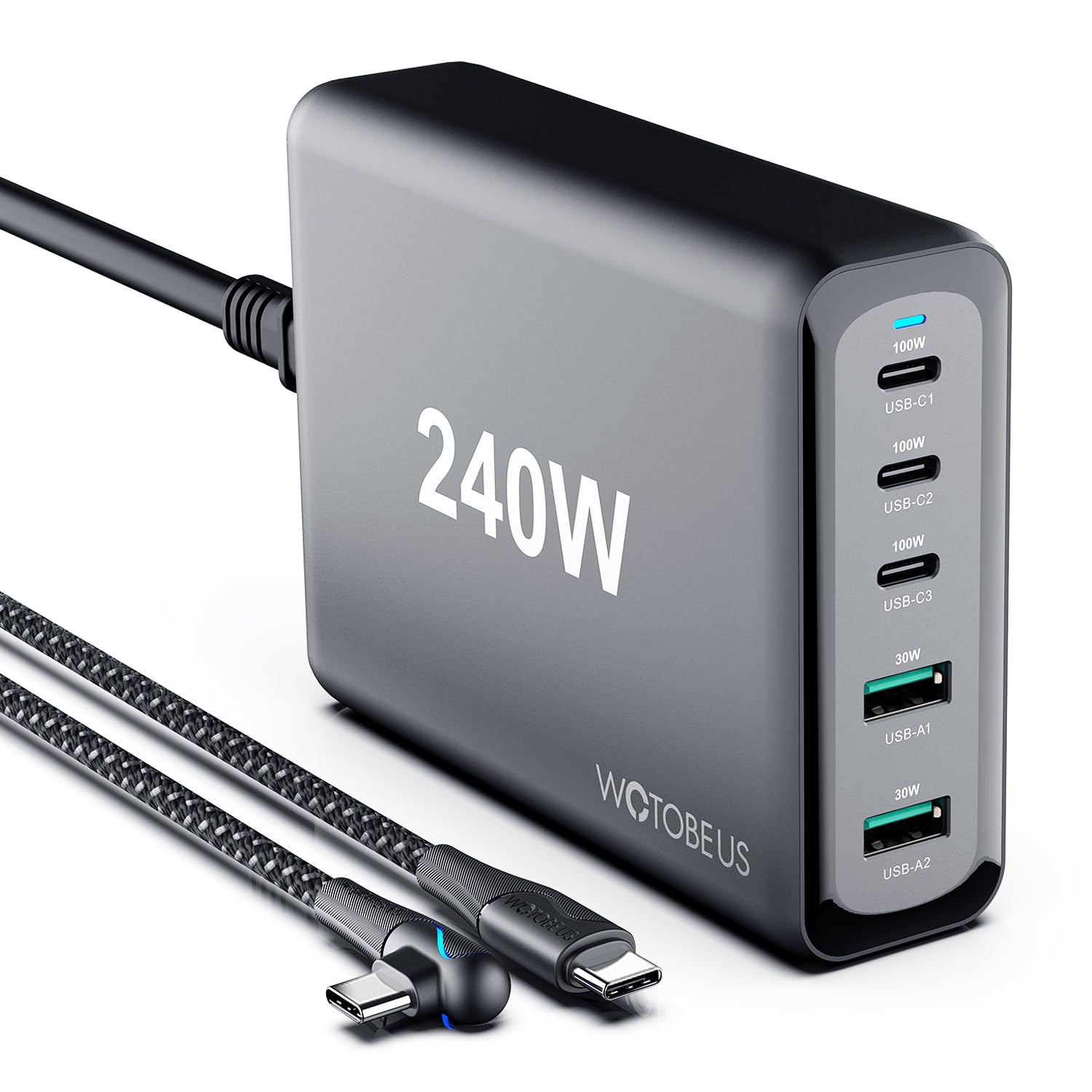 WOTOBEUS 240W 5-Ports USB C GaN Charger | PD 100W PPS45W Super Fast Charging Station & 5A Cable & AC Cord for iPhone 16 15 14 iPad MacBook Pro Air Galaxy S25 S24 S23 Ultra Pixel Type-C Laptop