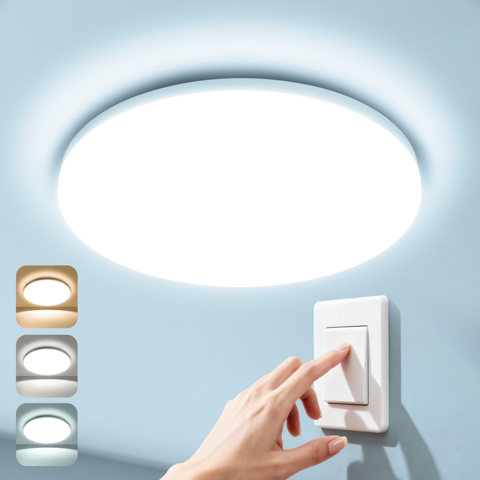 Warmelle 3Cct Bathroom Light,3 Color Temperature Led Ceiling Light 3000K/4000K/6500K,17W,2335Lm,Ip65 Waterproof,By Wall Switch,No Flicker,Cri>80,Flush Ceiling Light For Kitchen,Hallway,Garage - Ø22cm