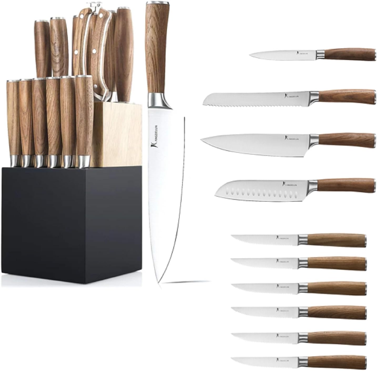 Natura Series 15 PCS Knife Block Set, 4 PCS Chef Knife Set and 6 PCS Steak Knife Set, Ultra Sharp High Carbon Stainless Steel, with Wooden Handle
