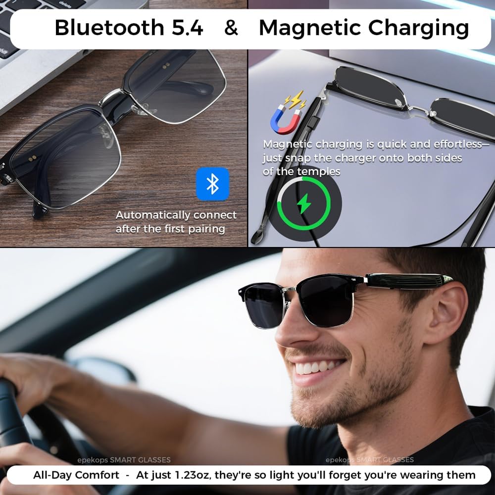 AI Smart Glasses Bluetooth Audio Glasses Sunglasses, Translation, Music, Calls, Voice Assistant, Open-Ear Stereo Speakers, Lightweight Translation Glasses, UV Protection for Men Women Outdoor