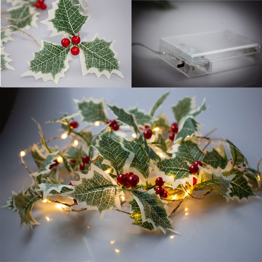 Guirnalda de Navidad con luces, 20 luces LED de 6.56 pies, funciona con pilas, guirnalda de hojas de bayas rojas, guirnalda de árbol de Navidad, decoración de interiores, luces cálidas para