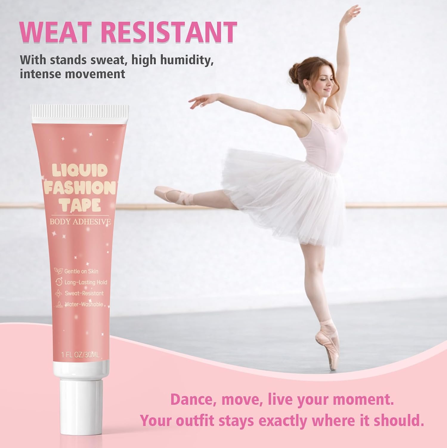30ml Body Glue Sweat-Resistant & Long-Lasting, Water Washable Skin Adhesive | Body Adhesive for Dancers, Socks, Stockings, Leotards, Bras, Wigs, Costumes
