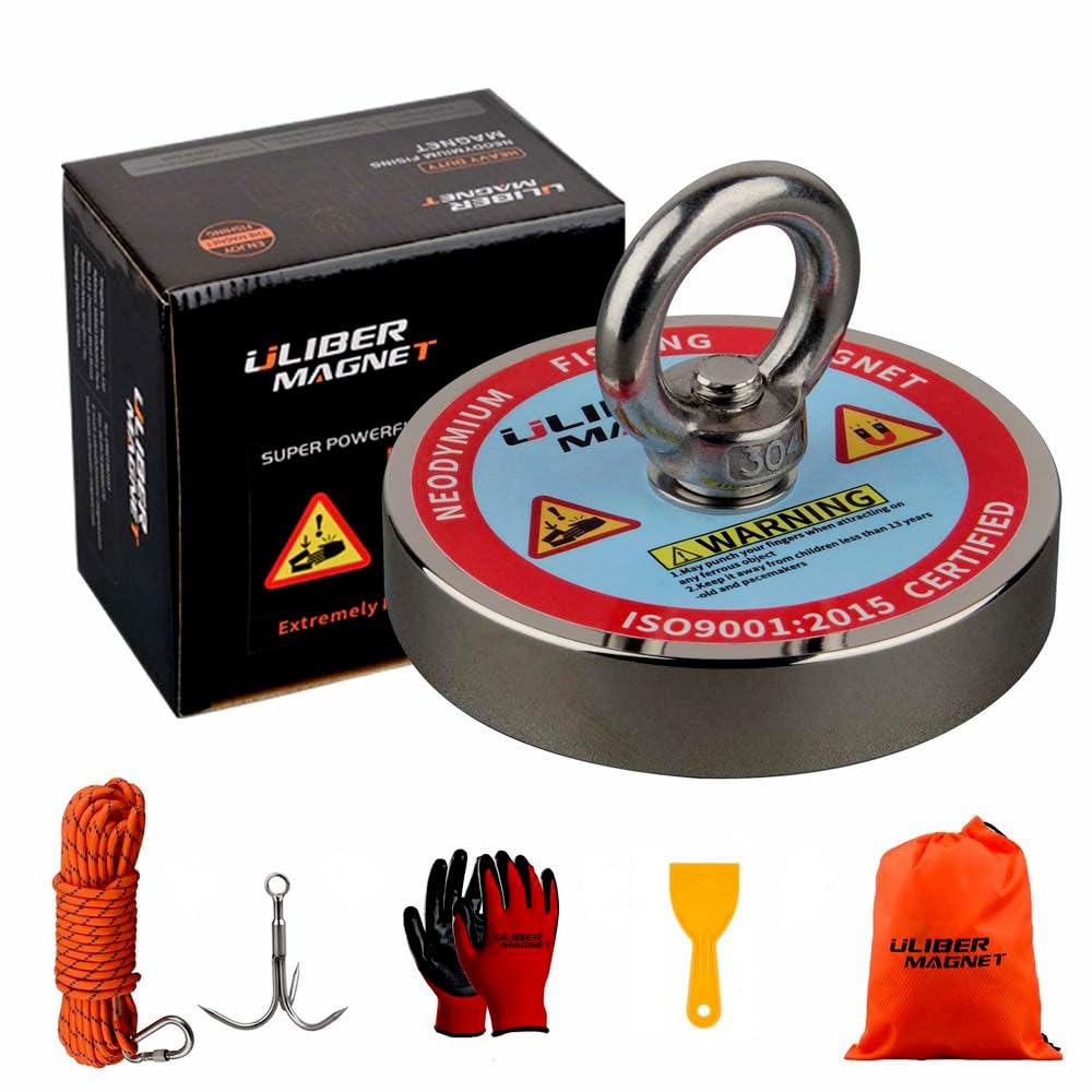 ULIBERMAGNET Aimant de pêche super fort 400kg Traction,n52 néodyme recyclé aimant de pêche diamètre 90mm avec corde et gants préférés, idéal pour la récupération, le Trésor et le recyclage…