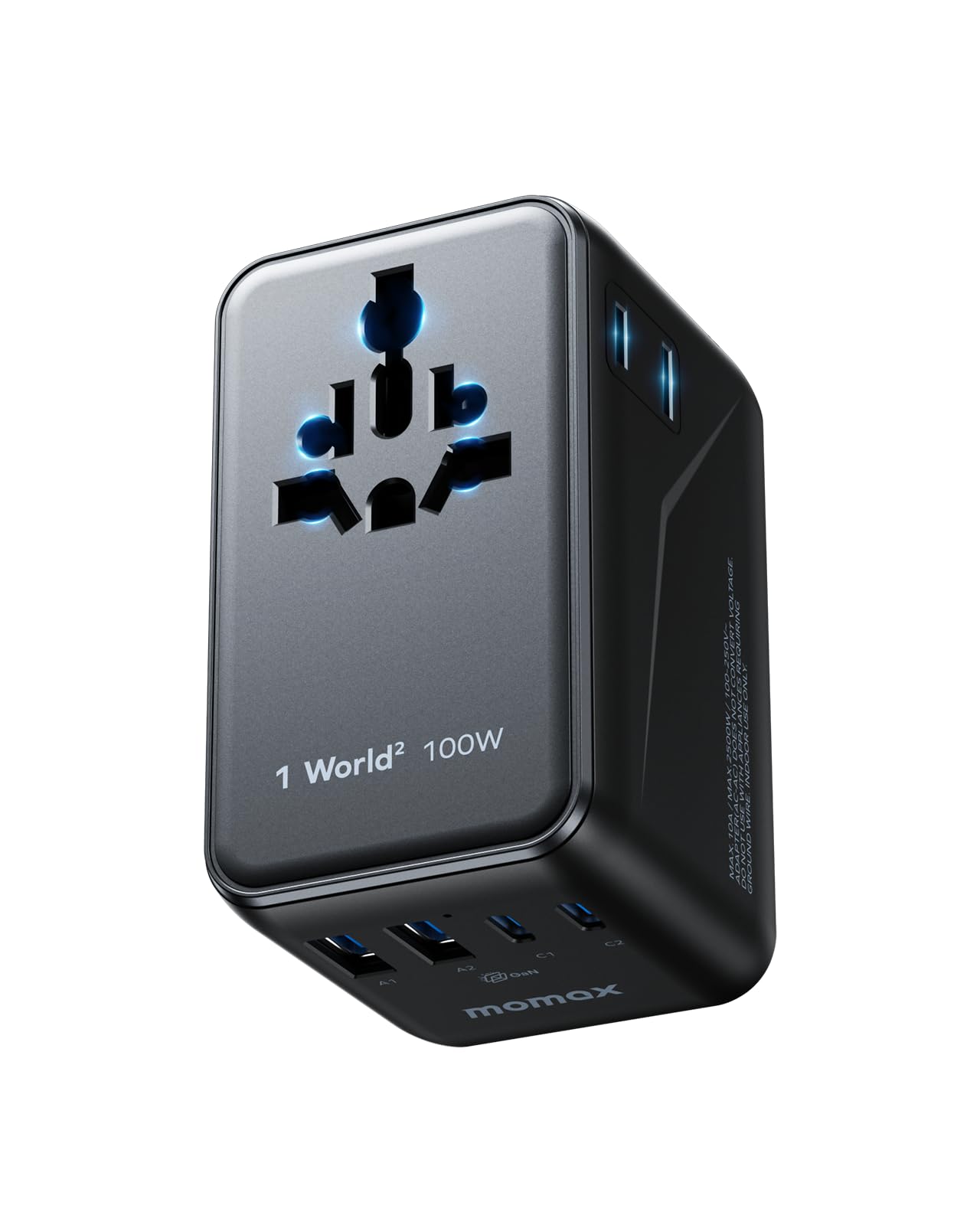 MOMAX Adattatore Universale da Viaggio 100W GaN, 2 USB-C, 2 USB-A, Presa AC, PD3.0, Ricarica Rapida, Compatibile con UK/USA/Australia, UE, Giappone, Canada ecc, Nero