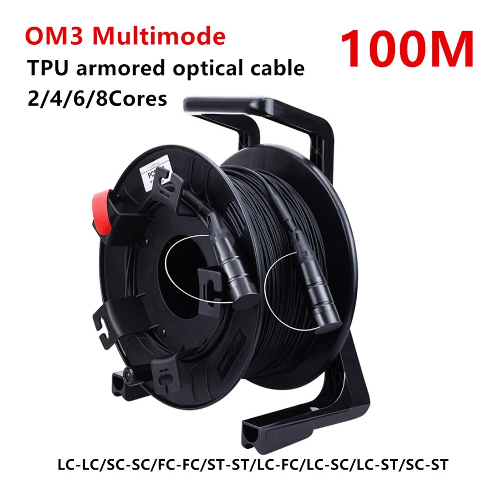 Câble optique blindé en TPU, multimode OM3, 2/4/6/8 noyaux, pont en fibre optique flexible, avec tambour PCD235, avec couvercle de protection, 100 m (4-Core 4LC-4LC 5,0 mm)