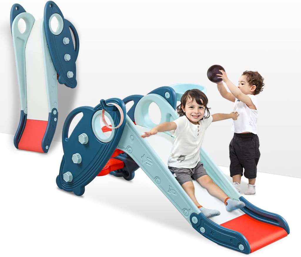 Onasti Kids Slide for Toddlers Age 1-3 Indoor Baby Plastic Slide Outdoor Climber Freestanding Playset with Basketball Hoop & Ring Game Blue