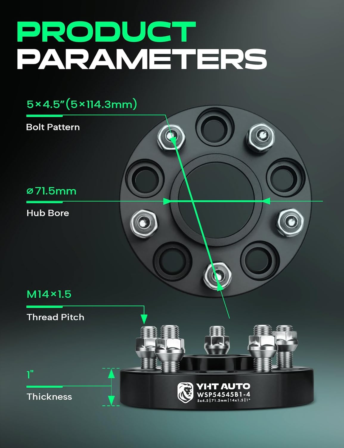 YHTAUTO 5x4.5 Hub Centric Wheel Spacers 1 Inch Fits Chrysler 300 2005-2023, Dodge Charger 2006-2023, Challenger, Magnum 5x114.3mm, Tire Spacers w/ M14x1.5 Studs 71.5 mm Hub Bore 5 Lug 4PCS Black - Image 4