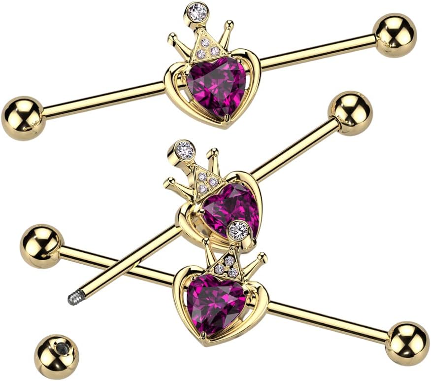 14G Industrial Stainless Steel Barbell with Royal Crown & Purple Heart Gem - 14 Gauge Cartilage Industrial Ear Piercing Jewelry