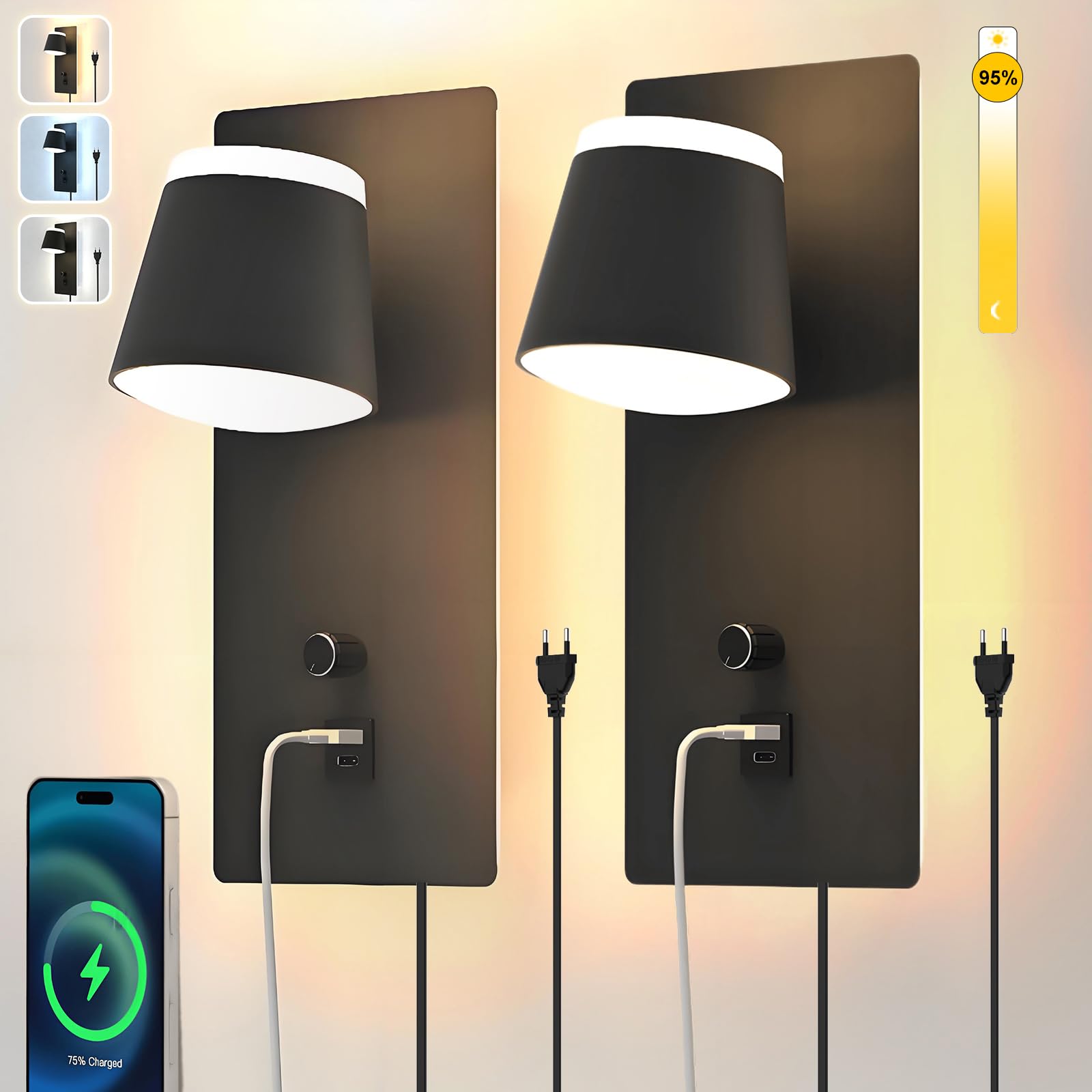 Sytmhoe 2 Pièces Appliques Murales Chambre Avec Prise Usb Type C Port, 3000K 4500K 6000K Dimmable Lampe De Chevet Liseuse Noire Avec Interrupteur, Art Deco Luminaire Mural Pour Salon Hôtel Appartement