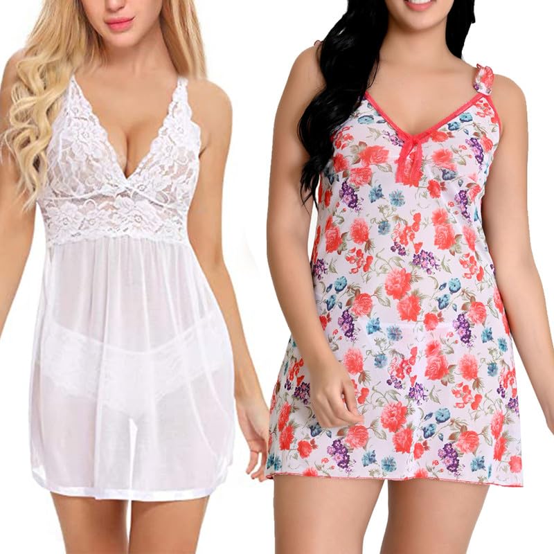 Image of Love Maker Soft Spandex Net Women Babydoll Honeymoon Nightwears Combo Small to 3XL