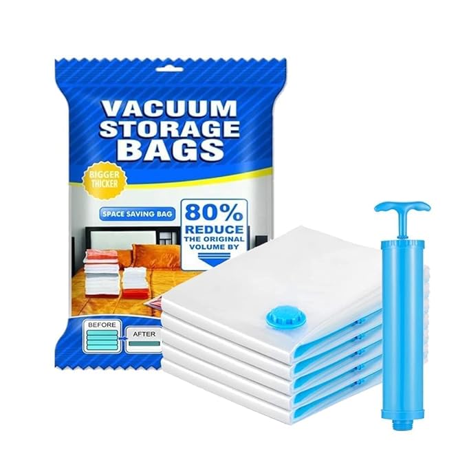 5 Jumbo Vacuum Bags For Travel, Spacesaver Compression Storage Bags, Vacuum Sealer Bags, Vaccine Sealed Compression Airtight Reusable Ziplock Bag With Hand Pump (70X100Cm, Plastic) - Sevenblue