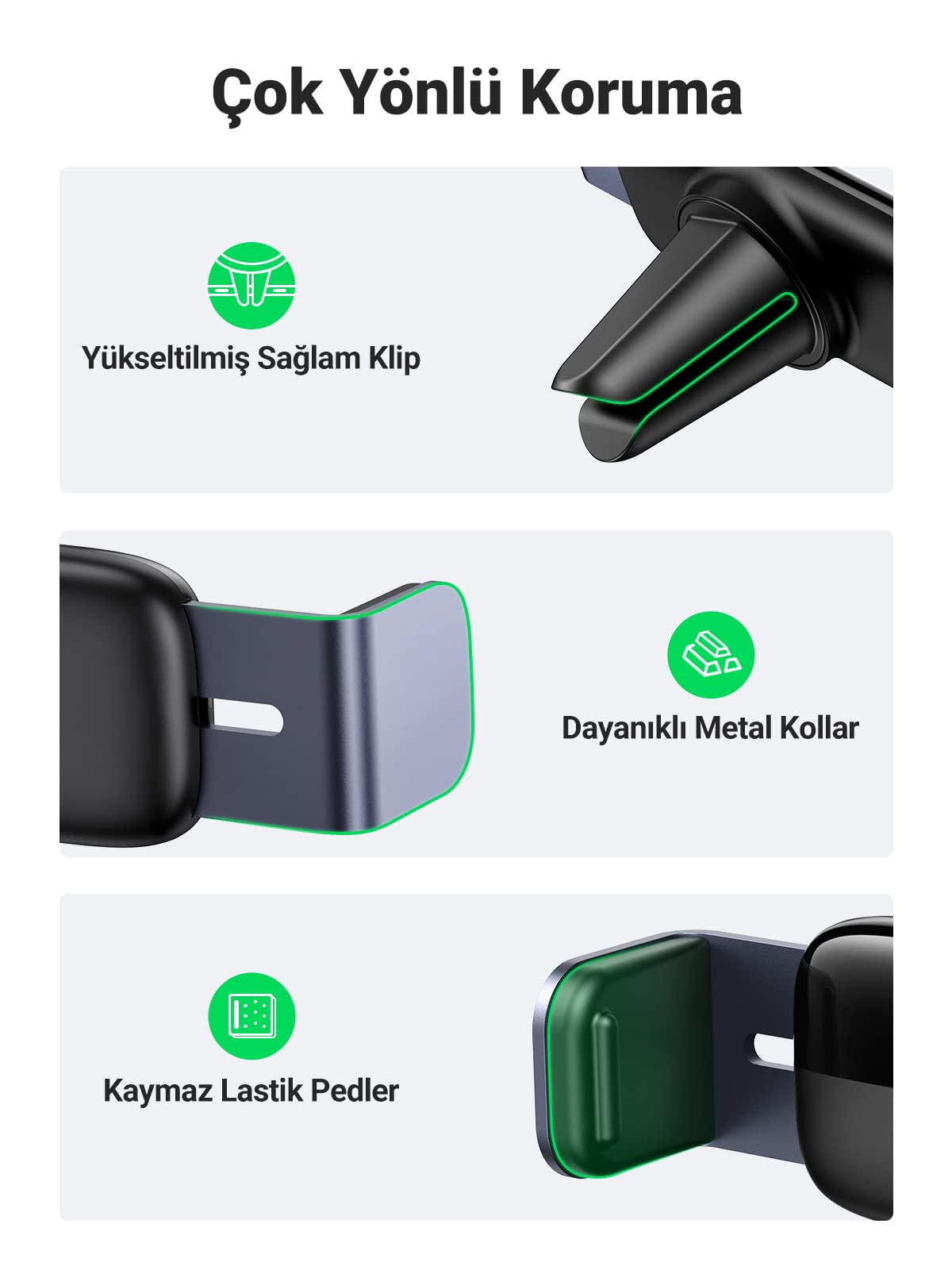 UGREEN Araç Telefonu Tutucu Döndürme Alüminyum Kol iPhone ile Uyumlu Galaxy Huawei Redmi (Siyah)