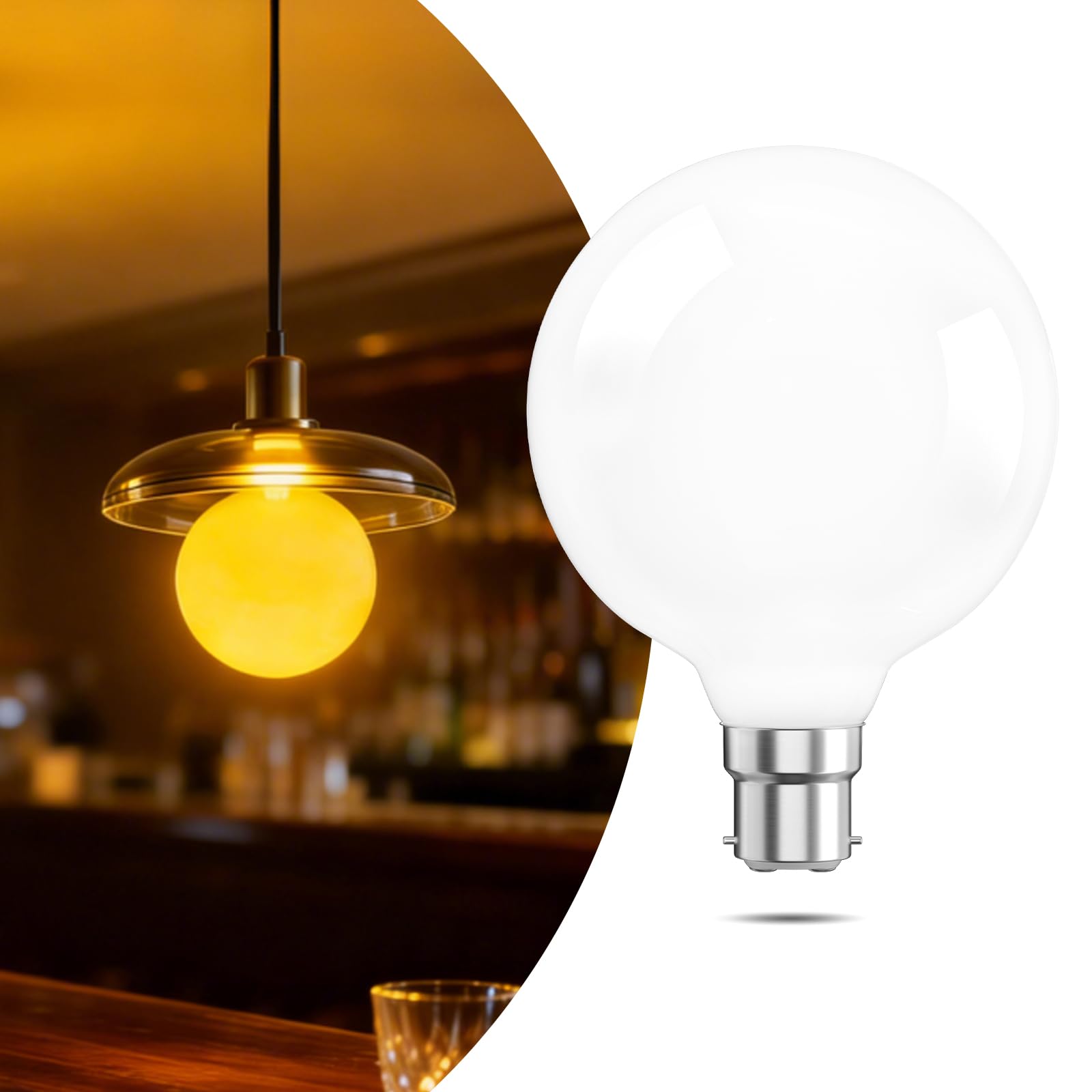 TobeBright G125 B22 Large Globe Bayonet Light Bulbs Warm Yellow 1800K, 7W (60W Equivalent), 360° Beam Angle, Non Dimmable, Opal White Glass B22 Bayonet LED Light Bulb for Home Living Room Lighting