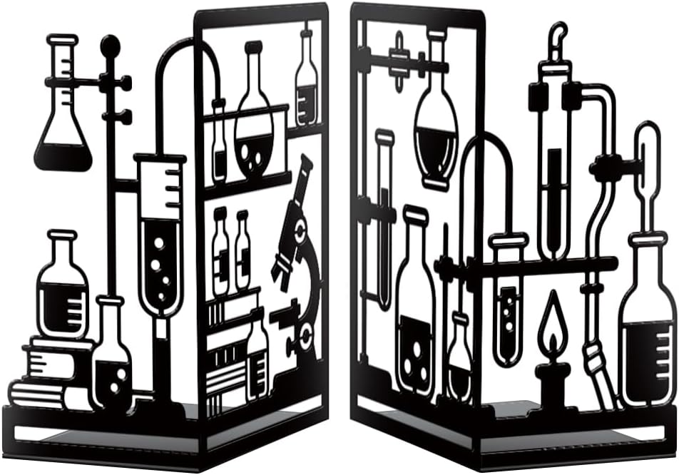 Peacoblue Metal Bookends for Shelves, Modern Decorative Heavy Duty Study Book Ends Stoppers for Office, Desk, Shelf, Room 5.5"x4.3"x8.3" Cast Iron Simple Tall Bookends 1 Pair (Chemistry Experiment)