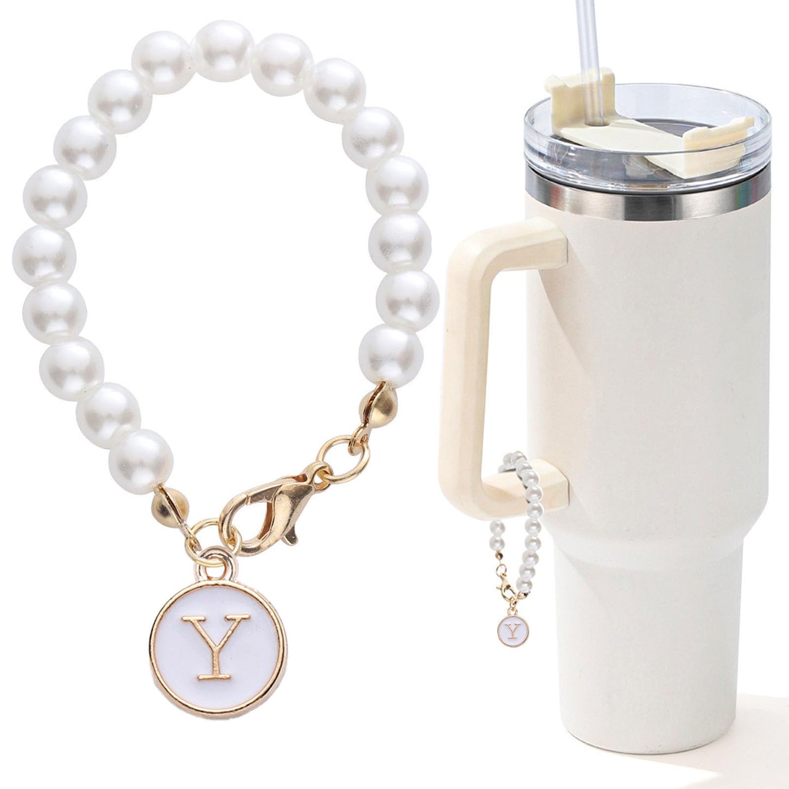 Letter Charm for Stanley Cup，Pearl Chain Accessories Stanley Cup Initial Charms for Handle Stuff Decor Water Bottle Jewelry Tumbler Cute Simple Modern Personalized Name ID Decorations (Y)