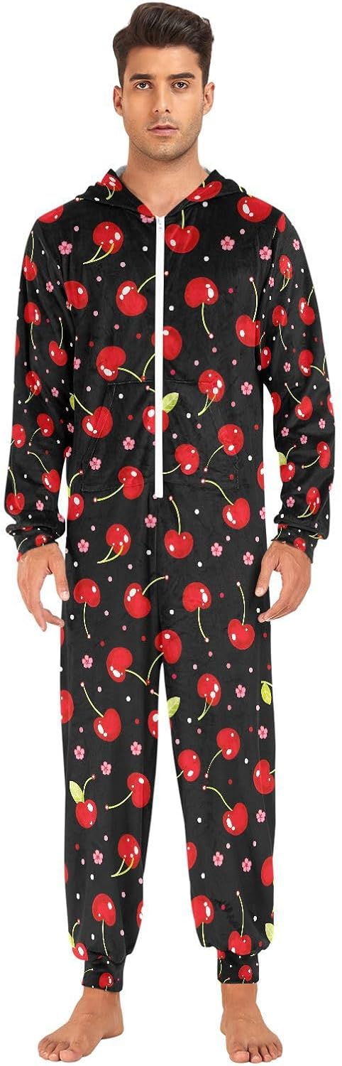 Cherries Flowers Black Cherry Adult Onesie Pajamas Novelty One Piece Costume Sleepwear Jumpsuits Matching PJS