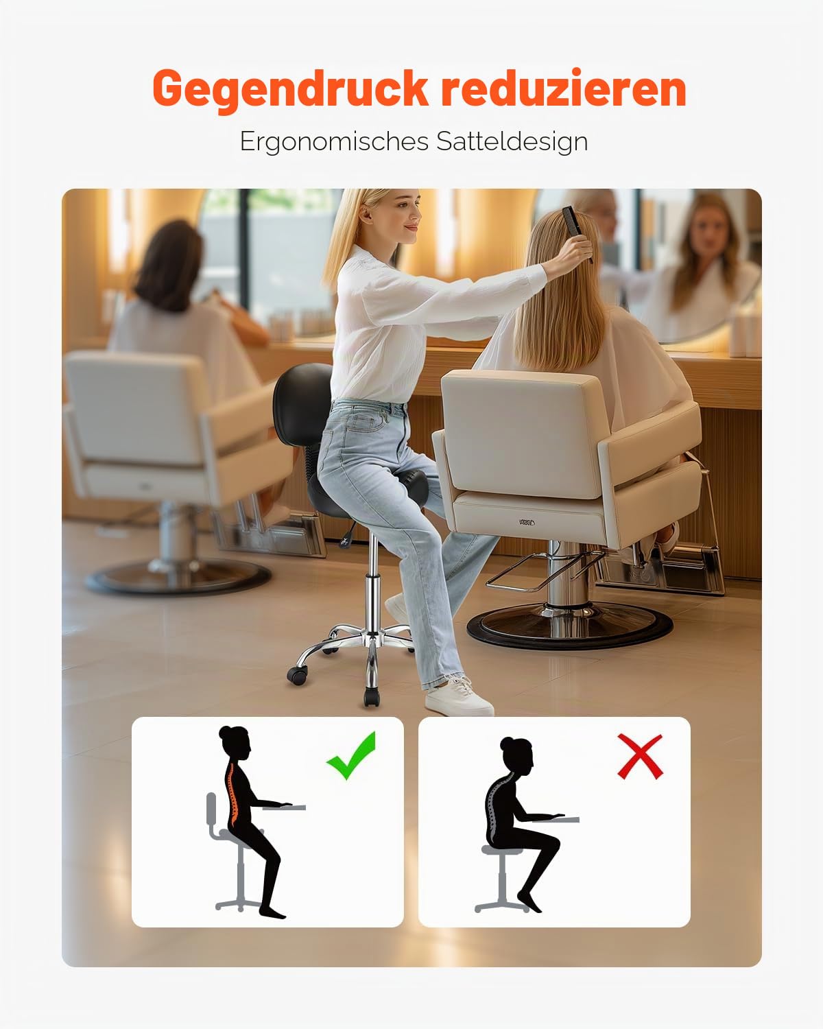 VEVOR Sattelhocker Rollhocker 204 kg belastbarer höhenverstellbarer Drehhocker mit Rückenlehne PU-Leder für Salon Spa Massage